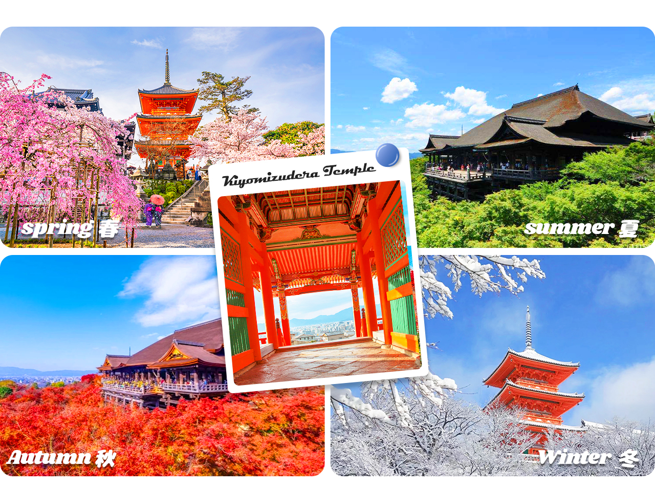 Kiyomizu-dera Temple offers stunning scenery throughout the four seasons: cherry blossoms in spring, lush greenery in summer, vibrant maple leaves in autumn, and picturesque snowscapes in winter.