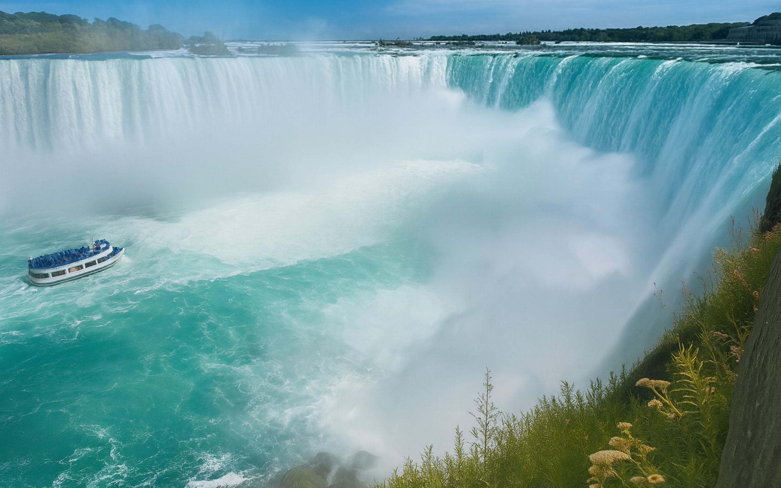在觀景台感受尼加拉瀑布的萬馬奔騰，傾瀉而下的水流聲勢浩大。