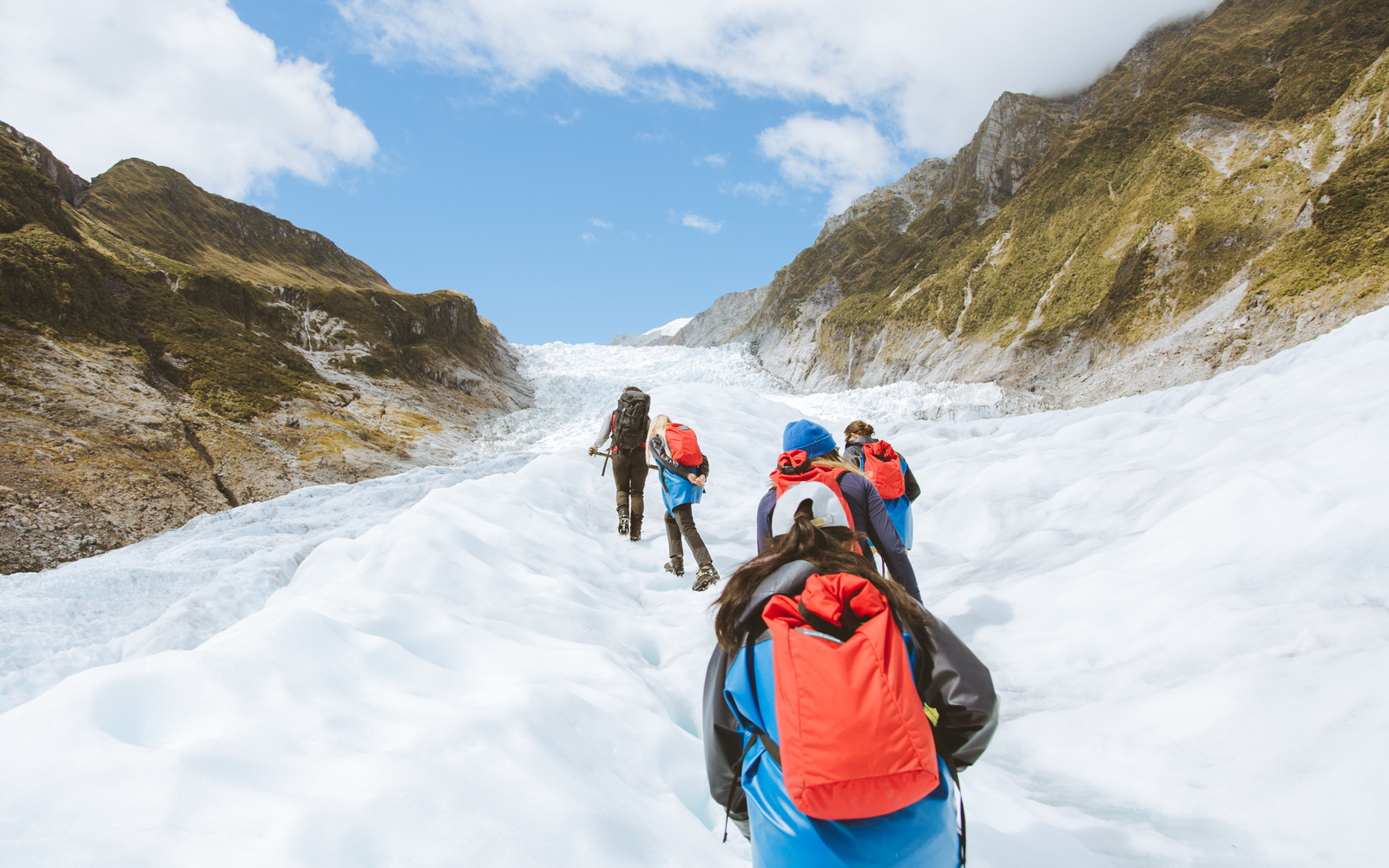 欣賞福克斯冰川在白雪皚皚的巍峨山峰下延伸的壯麗景色