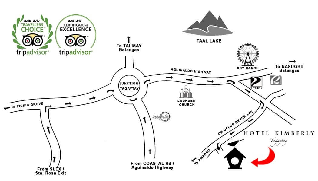 Map showing directions to Hotel Kimberly Tagaytay