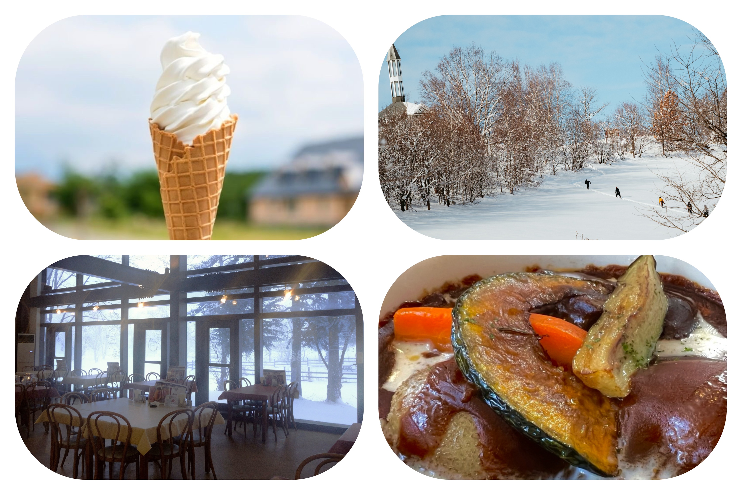 ✧⁺選擇冬季方案1 含和牛咖喱的客人，可坐在落地窗前，眼前是皚皚白雪，面前是烹調得恰到好處的和牛咖喱，飯後再享用一根牧場限定冰激淋，為冬日午後增添一份小確幸。