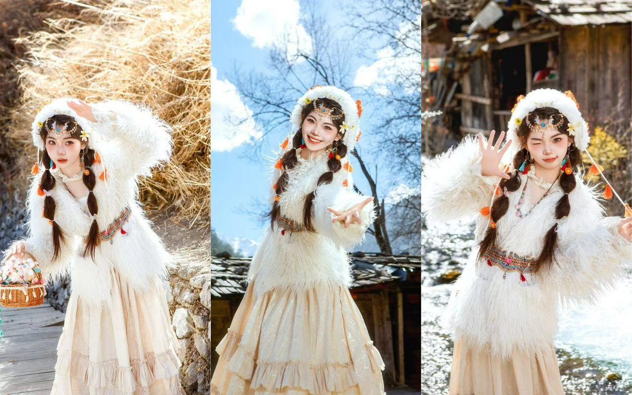 頭戴裝飾花朵、彩飾的帽子，編著多彩髮辮，在枯草、木屋、溪流邊，以活潑姿勢傳遞出藏族服飾的靈動與自然之美