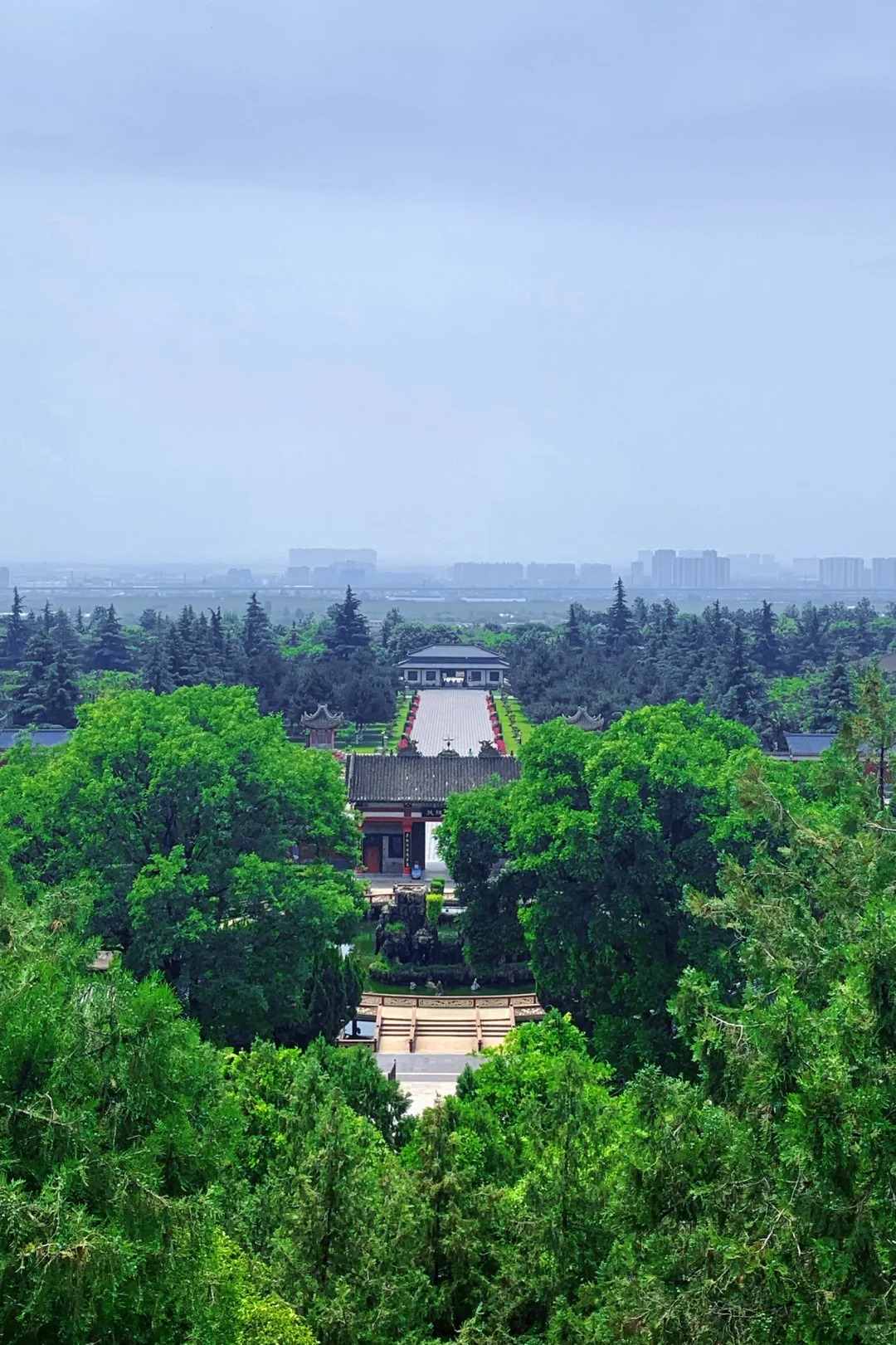 從高處俯瞰法門寺景區，層層遞進的唐風建築掩映在蔥鬱的翠柏間，遠處可見城市天際線，古今交融