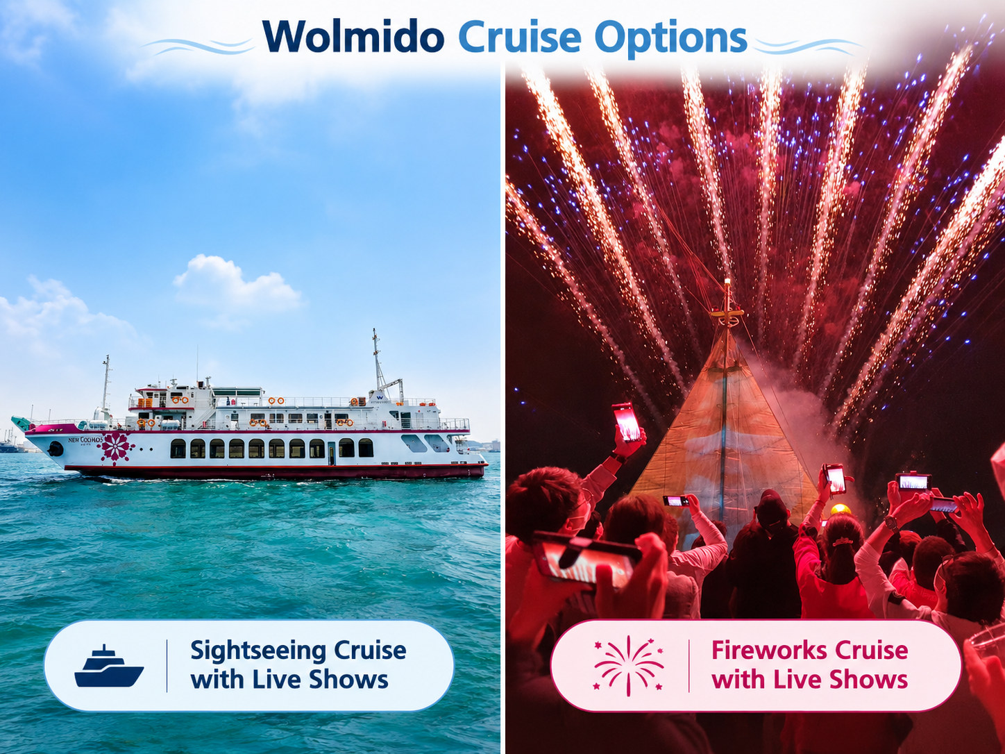 盡情體驗月尾島遊船（Wolmido Cruise）的兩種精彩方式：白天搭乘觀光遊船欣賞沿海風光並觀賞現場表演，或是在夜晚搭乘煙火遊船，享受精彩演出與壯麗的煙火秀。