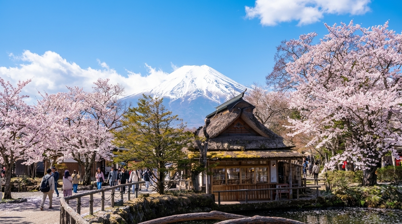 碧綠如玉的泉水、茅草屋村莊與遠處的富士山相互映襯,宛如走進童話般的日本鄉村風景。 碧綠如玉的泉水、茅草屋村莊與遠處的富士山相互映襯,宛如走進童話般的日本鄉村風景。