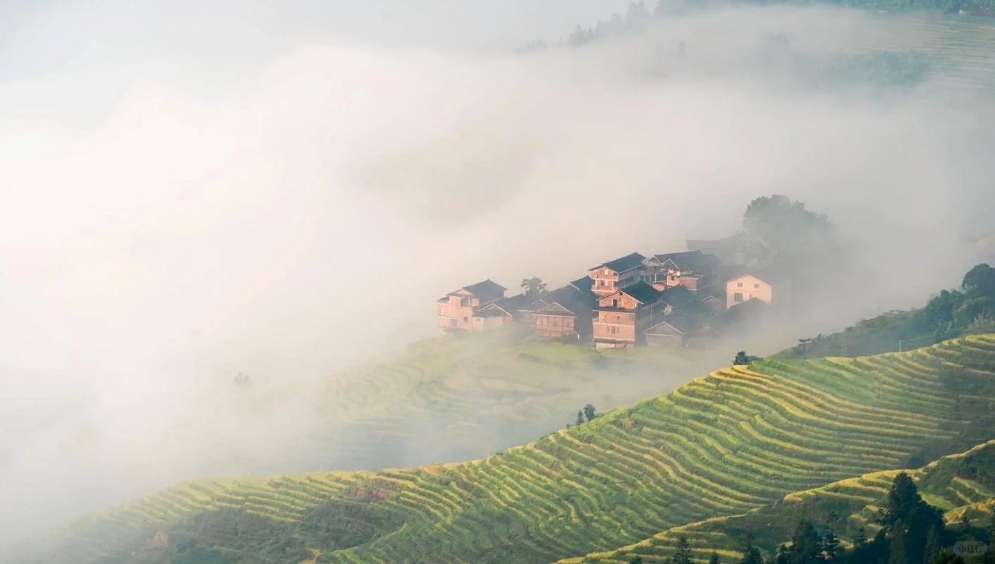 The mountains are filled with mist, and some terraces and scattered houses are looming, creating a dreamlike atmosphere. The mist adds a bit of mystery and elegance to the terraces.
