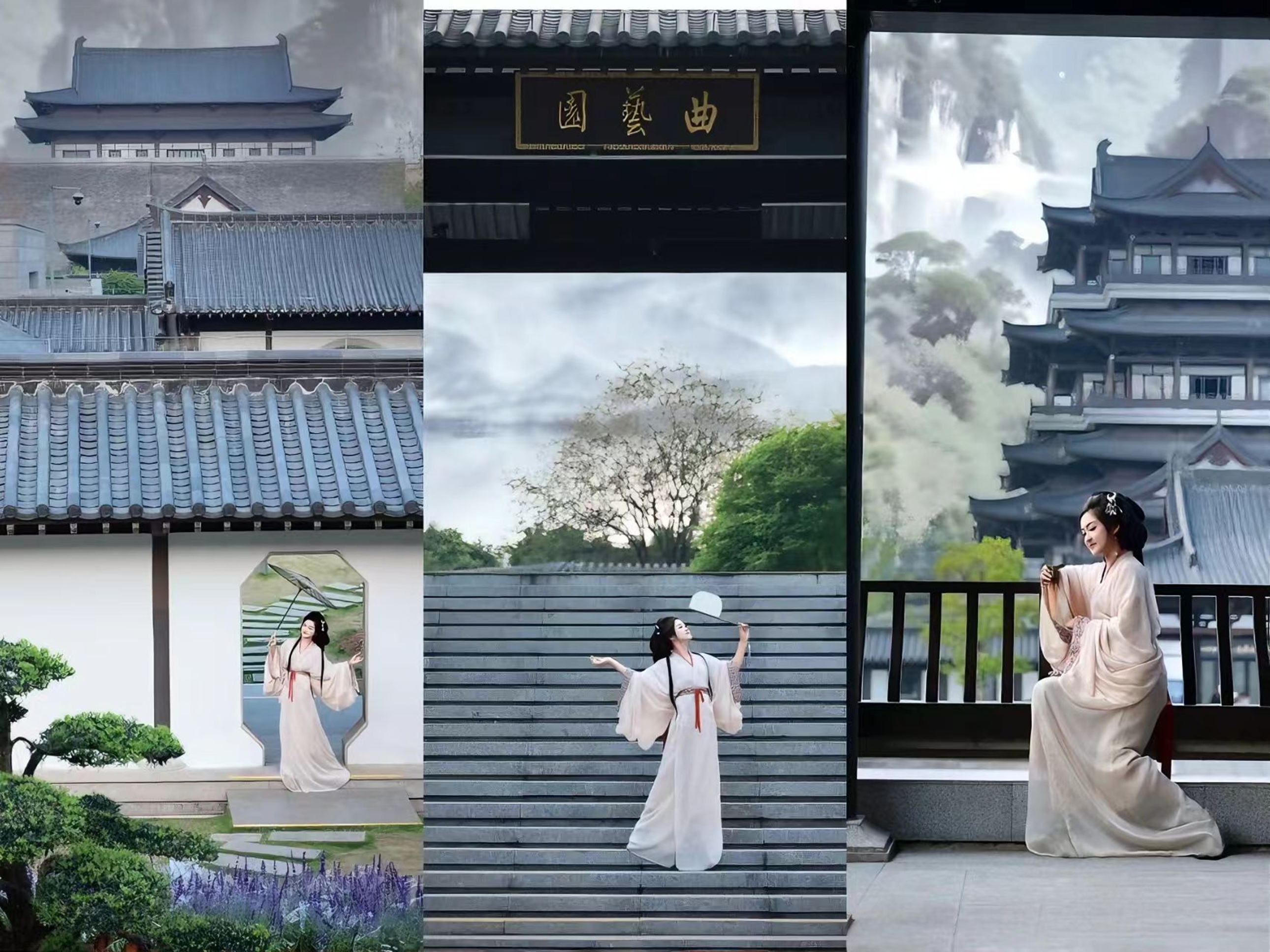 白裙少女或持傘立在八角窗下,或執扇站在石階上,或憑欄執筆,與黛瓦白牆、山水背景相融,盡顯魏晉風骨的清雅飄逸,是典型的江南園林國風打卡場景 白裙少女或持傘立在八角窗下,或執扇站在石階上,或憑欄執筆,與黛瓦白牆、山水背景相融,盡顯魏晉風骨的清雅飄逸,是典型的江南園林國風打卡場景