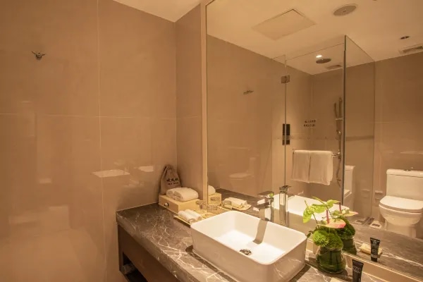 Hotel guest room bathing area environment display map
