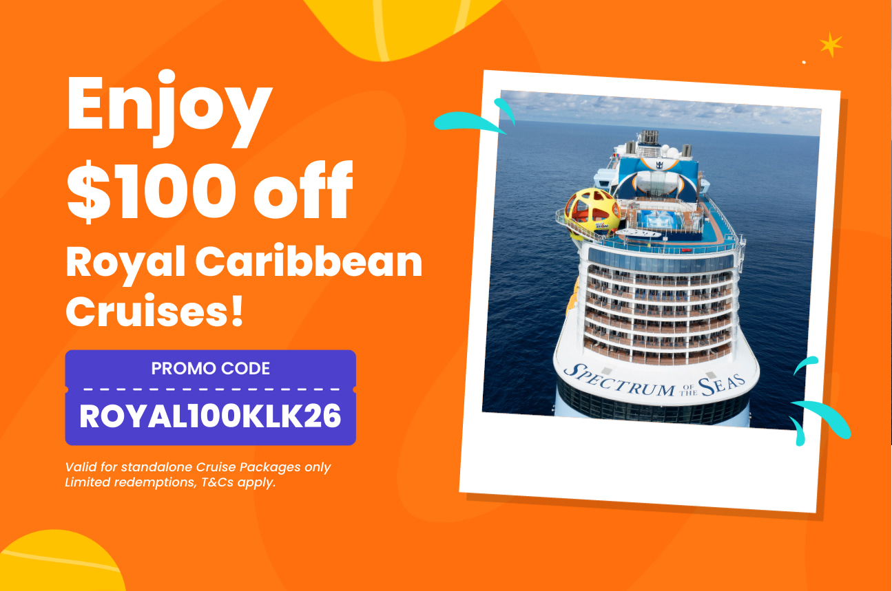結帳時輸入優惠碼「ROYAL100KLK26」,即可在 易遊網 預訂皇家加勒比國際遊輪時享 SGD100 折扣。 結帳時輸入優惠碼「ROYAL100KLK26」,即可在 易遊網 預訂皇家加勒比國際遊輪時享 SGD100 折扣。