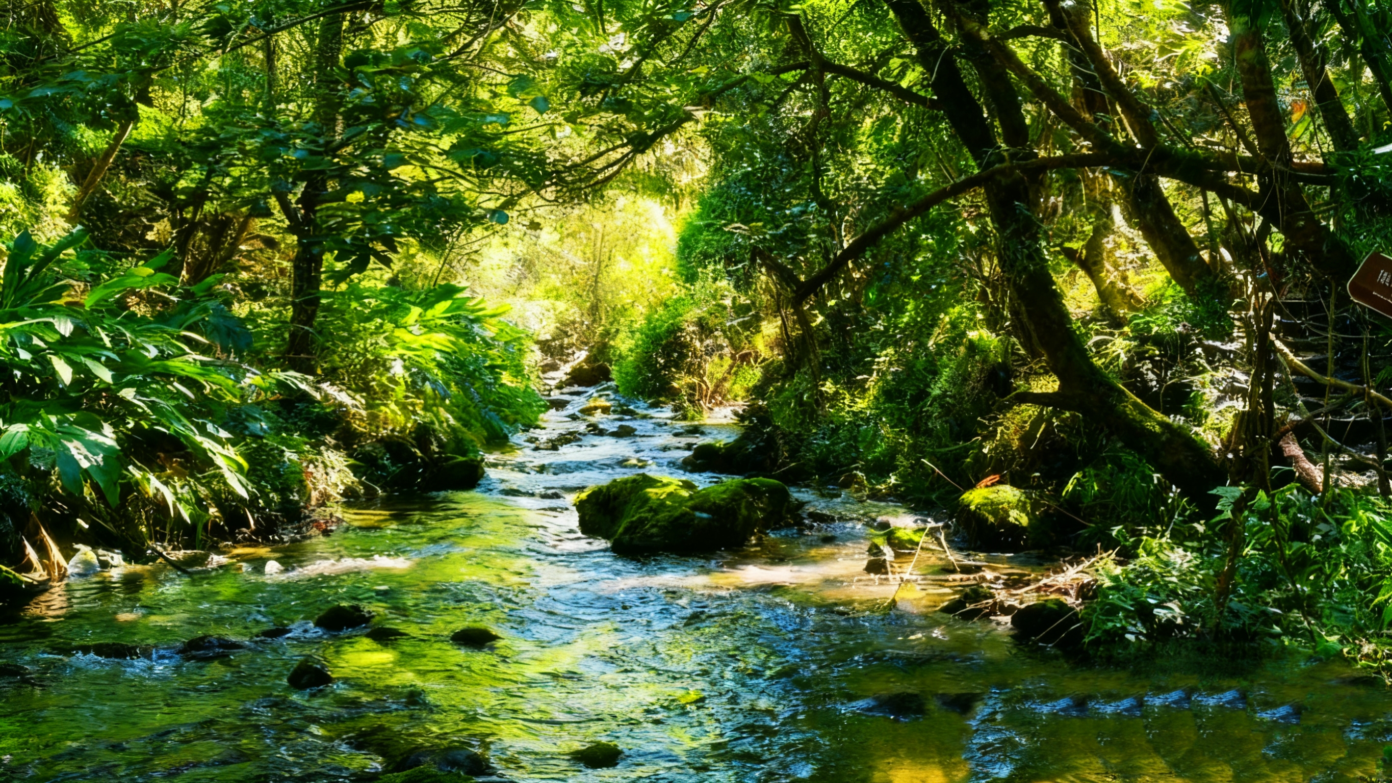 The sunlight is like fragmented gold leaf, and the clear stream meanders through the moss-covered rocks, stirring up sparkling waves, each step seeming to knock on nature's whispers.