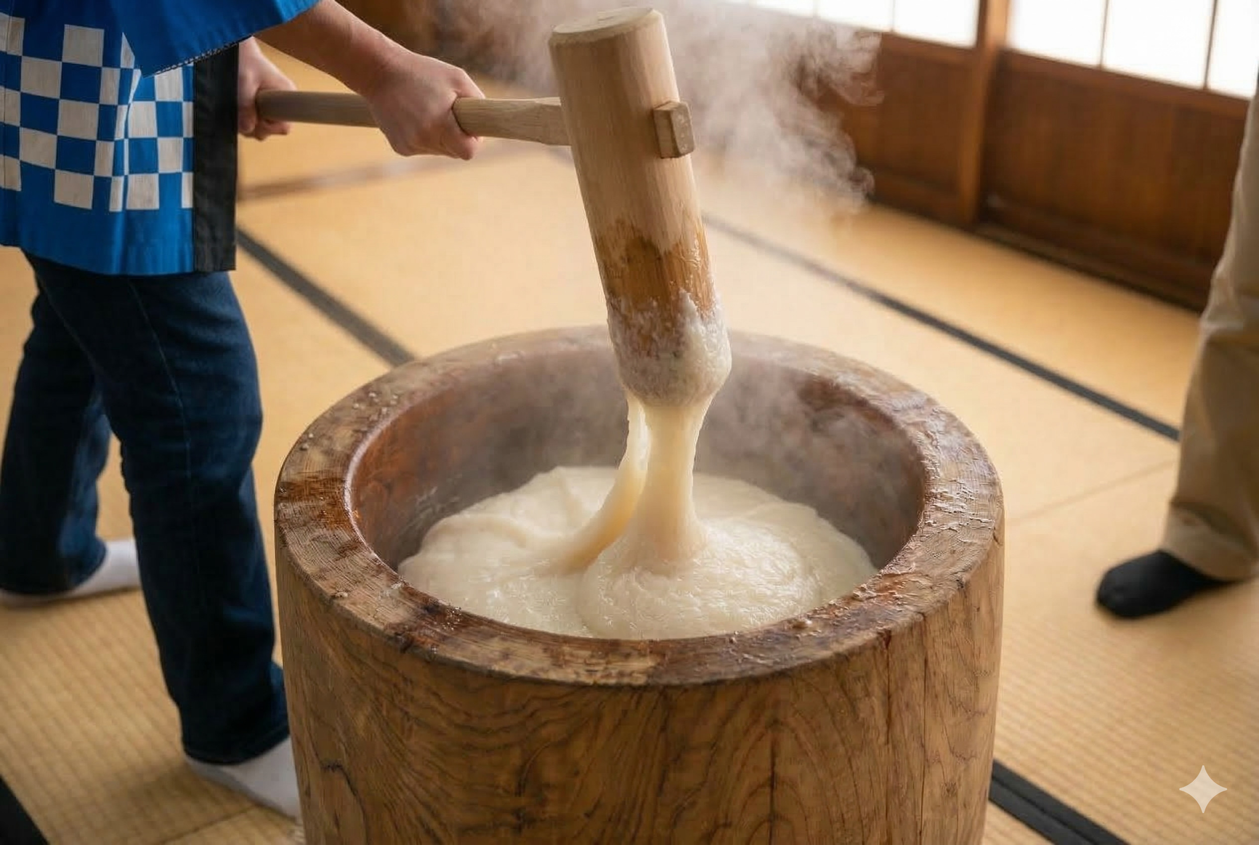 Опыт приготовления и дегустации японских рисовых лепёшек (мочи) путём толчения, недалеко от Канадзавы