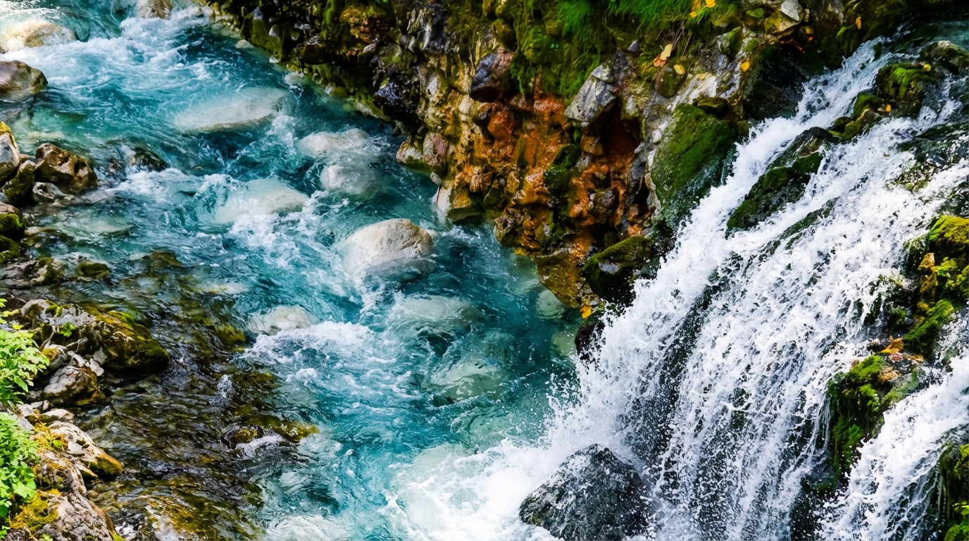 地下水從巖壁間傾瀉而下，水流像白色鬍鬚般散落。瀑布匯入藍色河道，和周圍森林形成強烈對比，很有層次感。