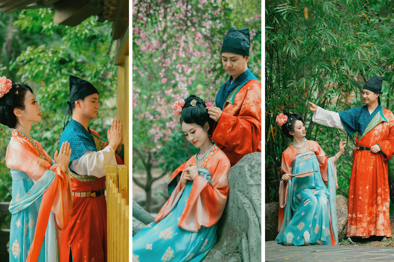 傳統漢服造型與古典場景融合的美感。畫面中人物身著唐代風格服飾，色彩搭配典雅，男士多為圓領袍，女士是齊胸襦裙、精緻髮飾，在園林景緻襯托下，演繹互動場景，傳遞出古典浪漫的氛圍