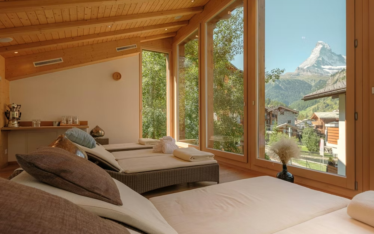 Experiencing pure bliss at Bella Vista's spa, overlooking the majestic Matterhorn