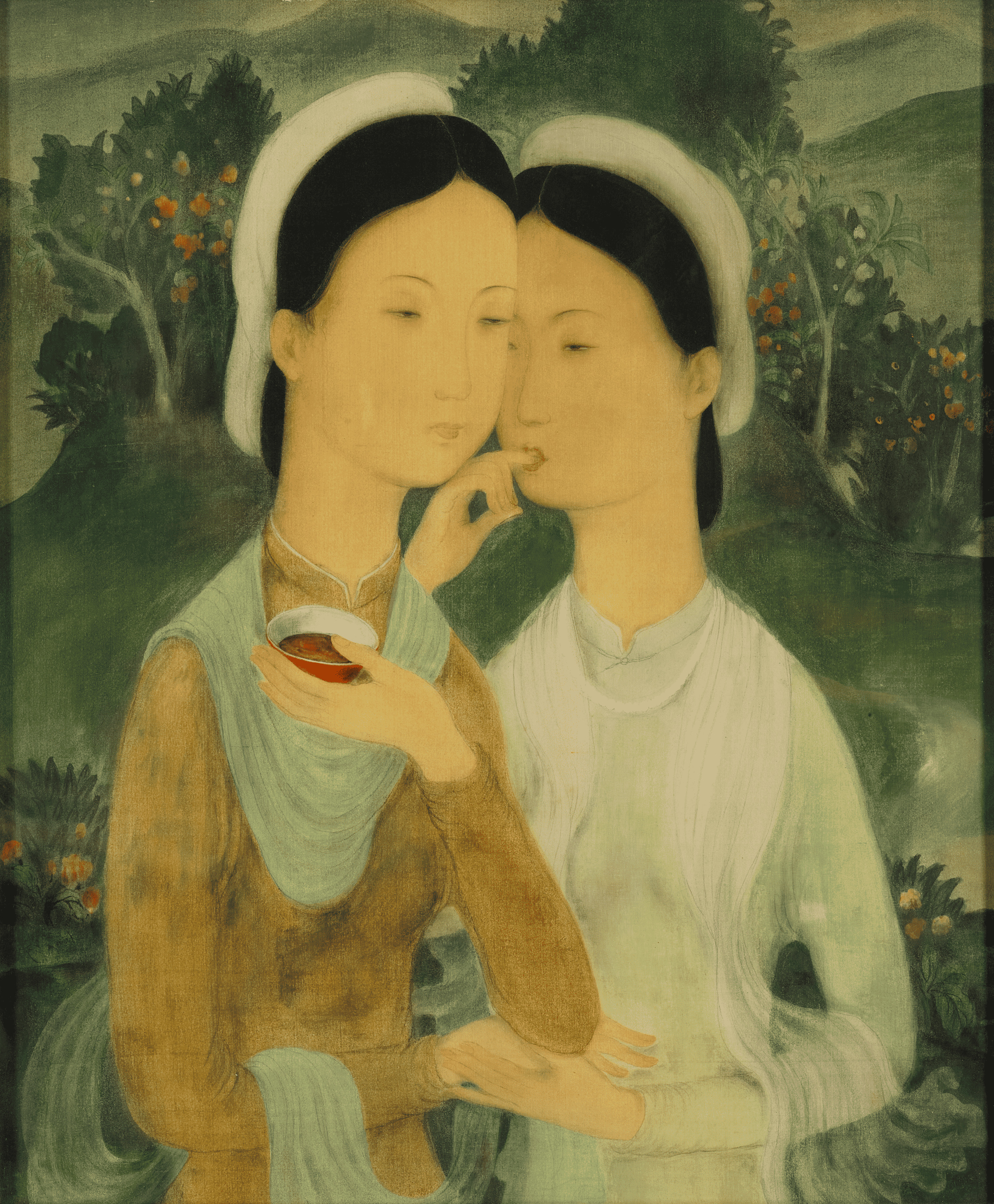 Le Pho. Harmony in Green: The Two Sisters. 1938. Ink and gouache on silk, 54 × 45cm. Collection of National Gallery Singapore.