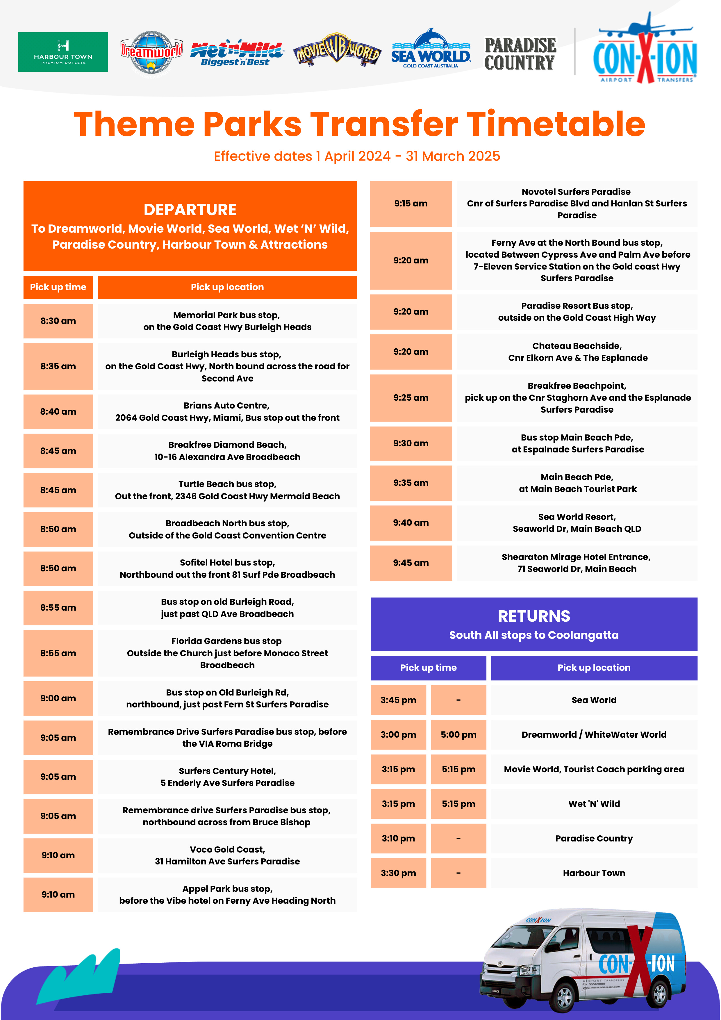 Theme Parks Transfer Timetable