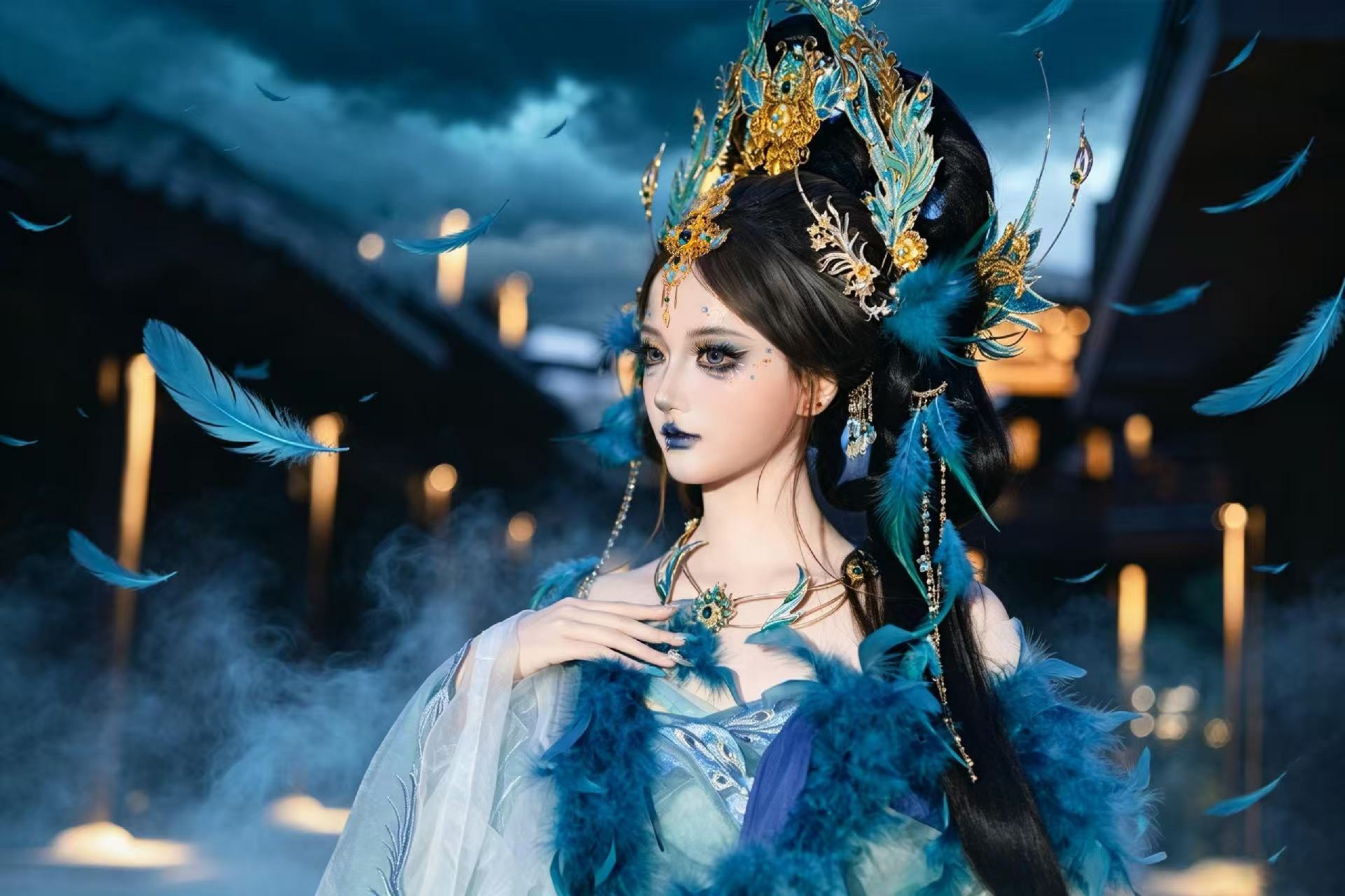 藍羽神系古風造型，暗夜菸霧，羽毛飛舞，神秘冷豔氣場十足