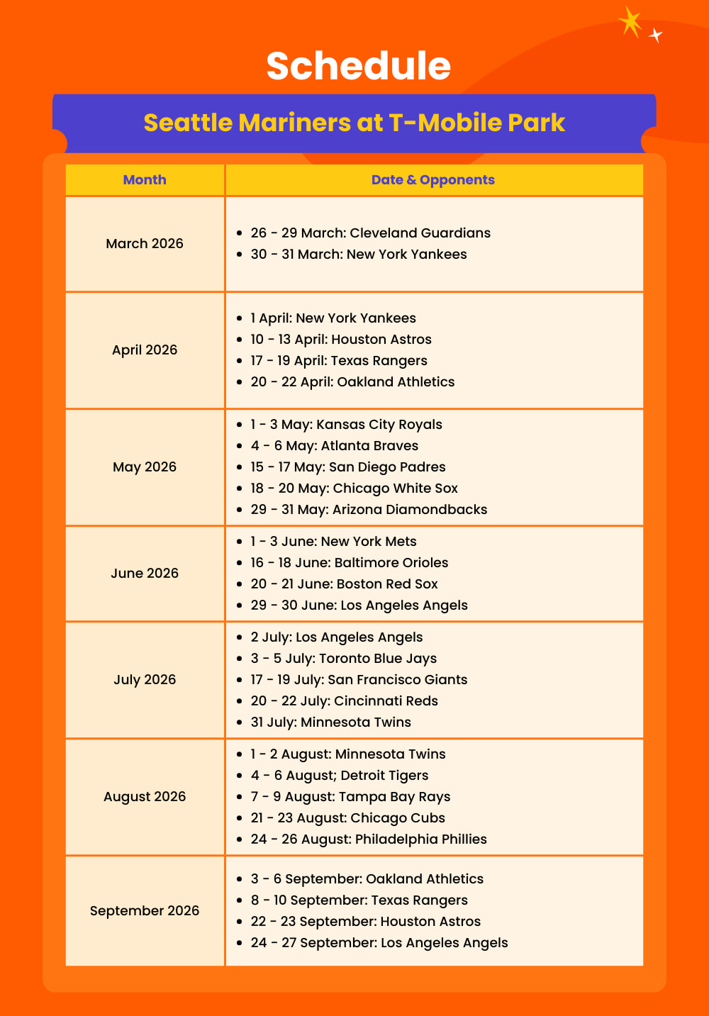 Check out the Seattle Mariners' game schedule on ther home field Check out the Seattle Mariners' game schedule on ther home field