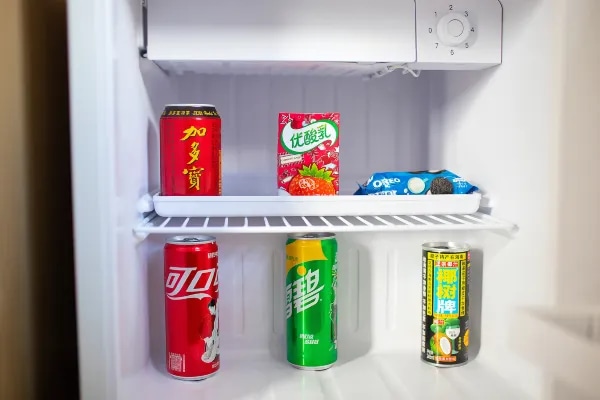 Hotel room mini bar beverage display
