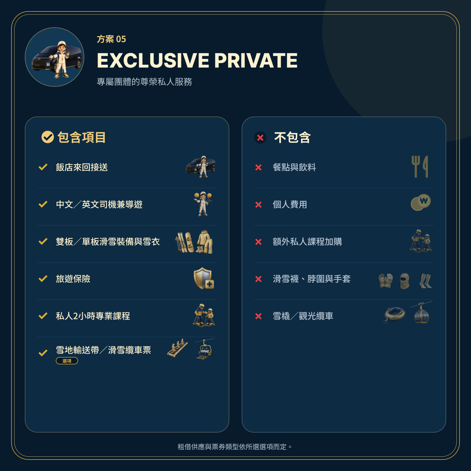 尊享私人方案總覽,包含飯店接送、裝備、保險與兩小時專業課程。 尊享私人方案總覽,包含飯店接送、裝備、保險與兩小時專業課程。