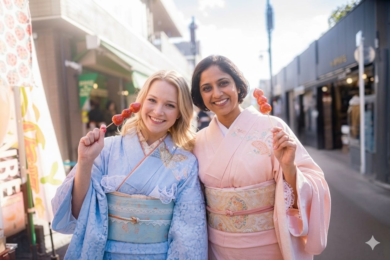 澀谷、新宿、池袋、銀座、秋葉原… 穿上和服/浴衣，時尚探索這座城市吧！👘
非常適合美食之旅，漫步於最潮的景點。🍣🍡
拍下美照，讓您的一天永生難忘！📸✨
