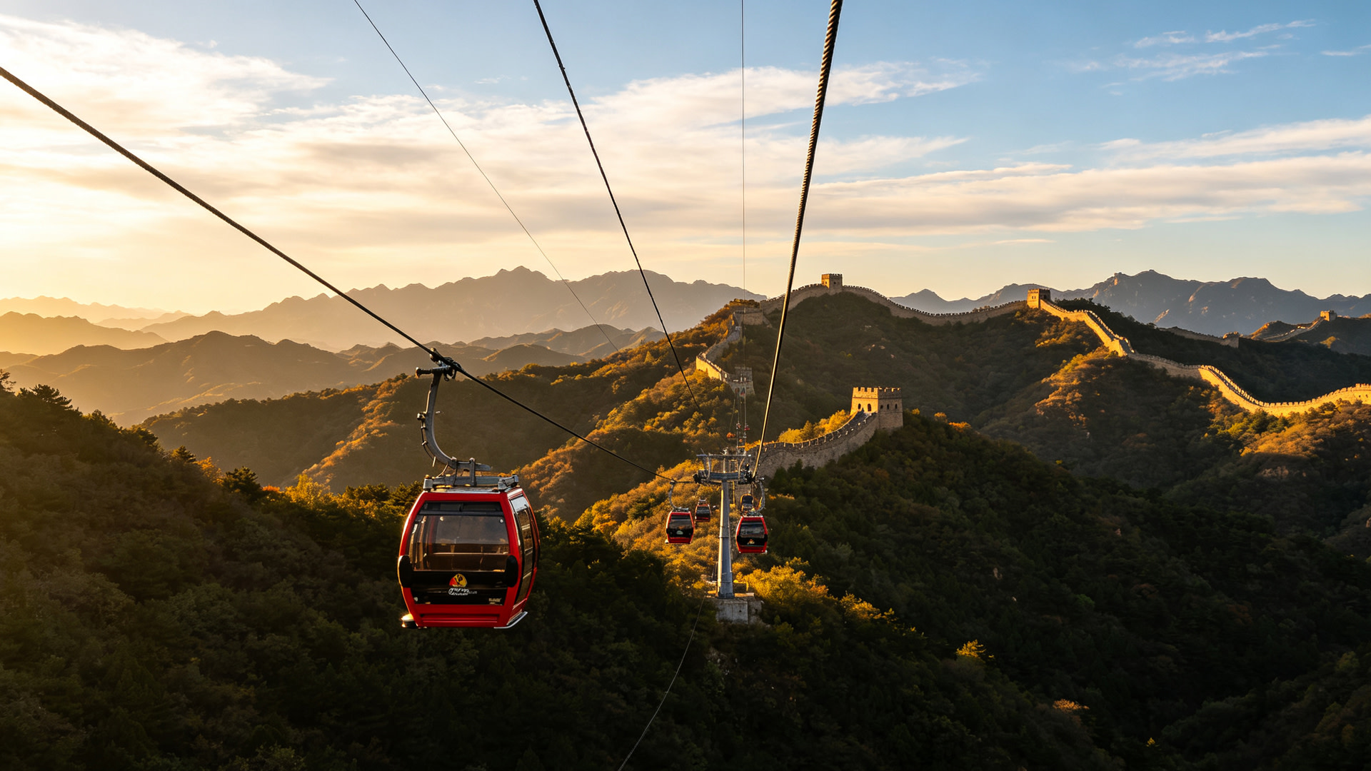 山林纜車遠景：慕田峪長城纜車穿梭青山之間，沉浸式領略長城山野風光。