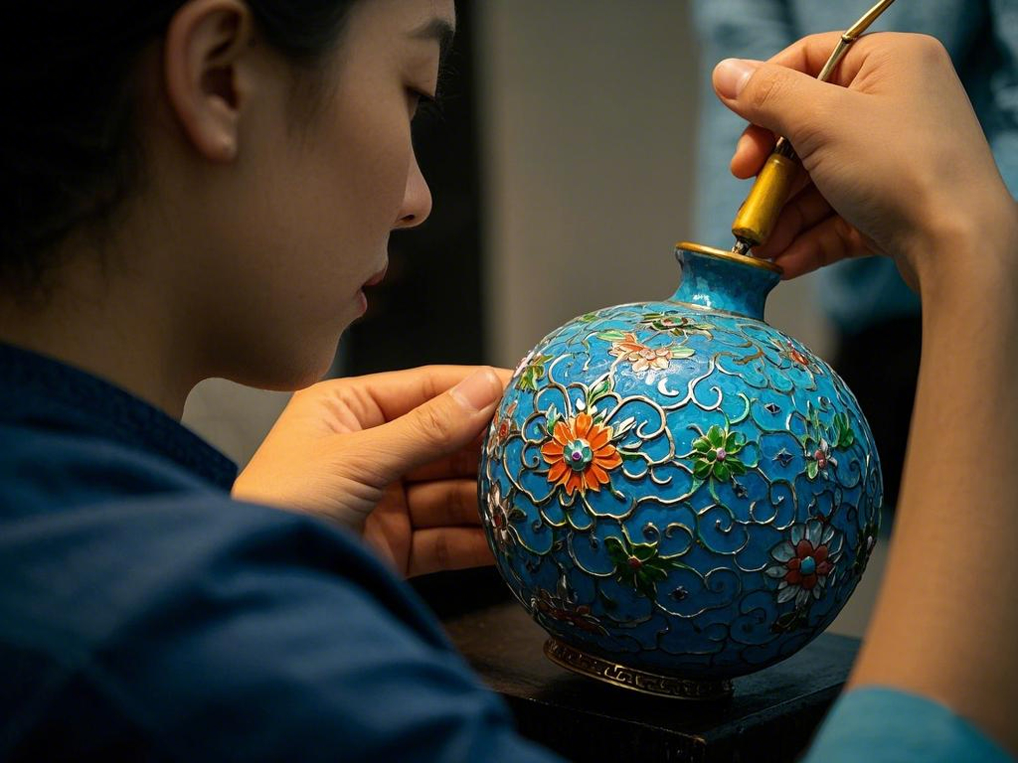 The fifth stop is to experience the intangible cultural heritage of cloisonné. Cloisonné enamel, also known as cloisonné, is a traditional handicraft that combines painting and metal carving techniques. It uses copper as the body, and uses gold wire to ou