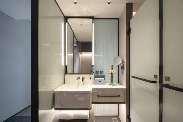 Hotel room bathing area display map