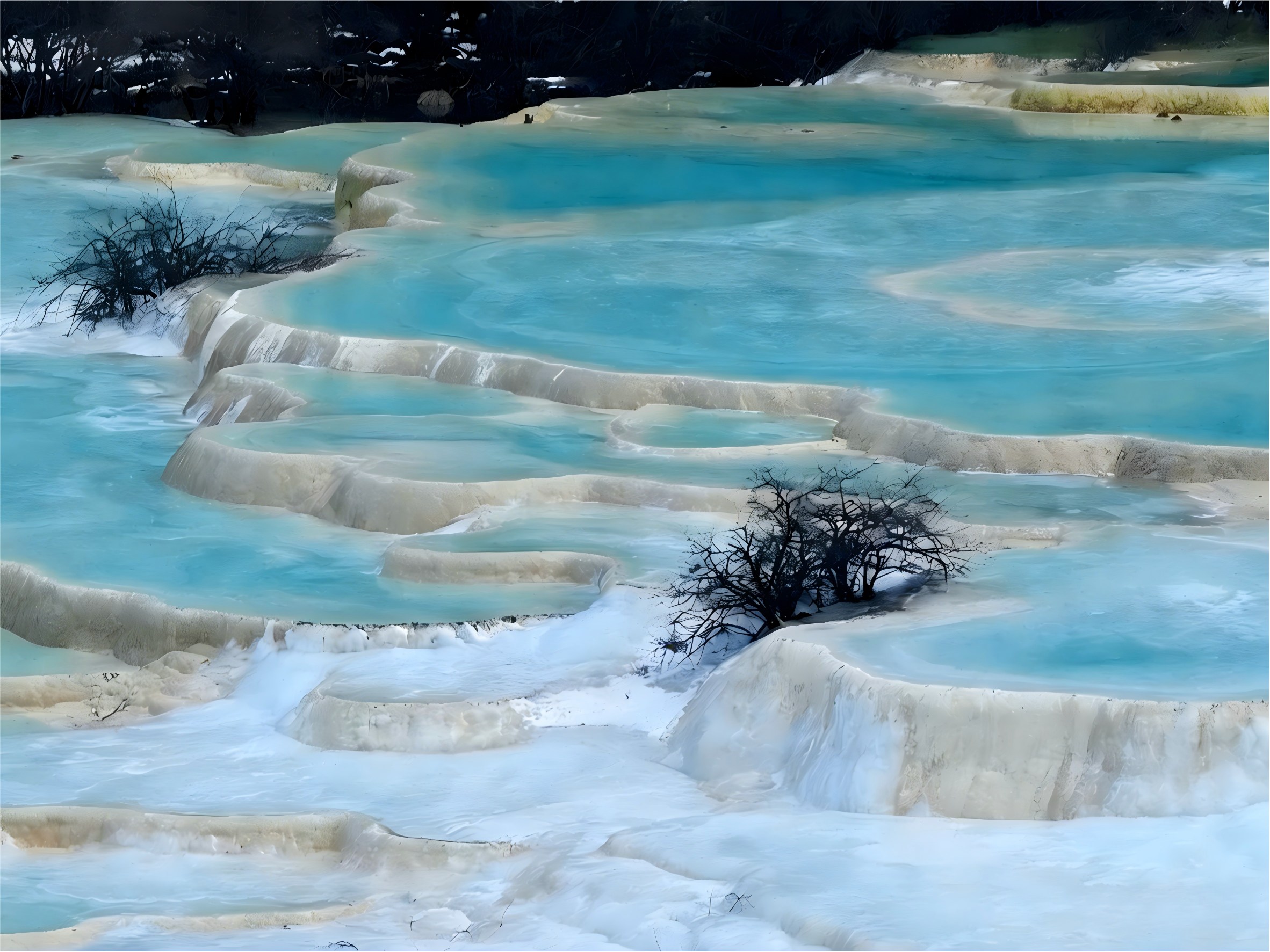 黃龍-【五彩池】整個景區核心精華。700 多個大小彩池群依山而下，如 “人間瑤池” 🌈。池水因富含礦物質、水深、池壁鈣華差異呈現五彩變化（藍綠黃為主），晴天陽光下格外耀目。