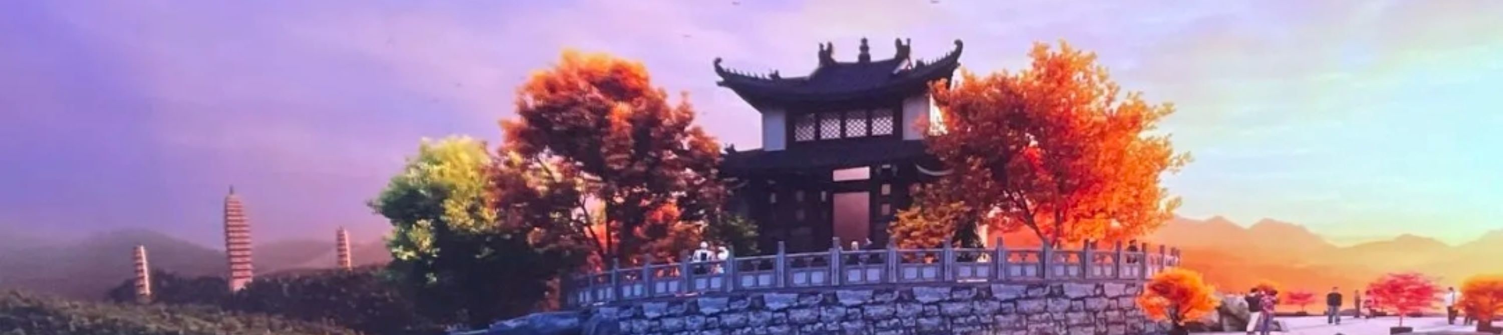 中式亭臺臨湖而立,晚霞暈染的樹木與遠山古塔相映 中式亭臺臨湖而立,晚霞暈染的樹木與遠山古塔相映