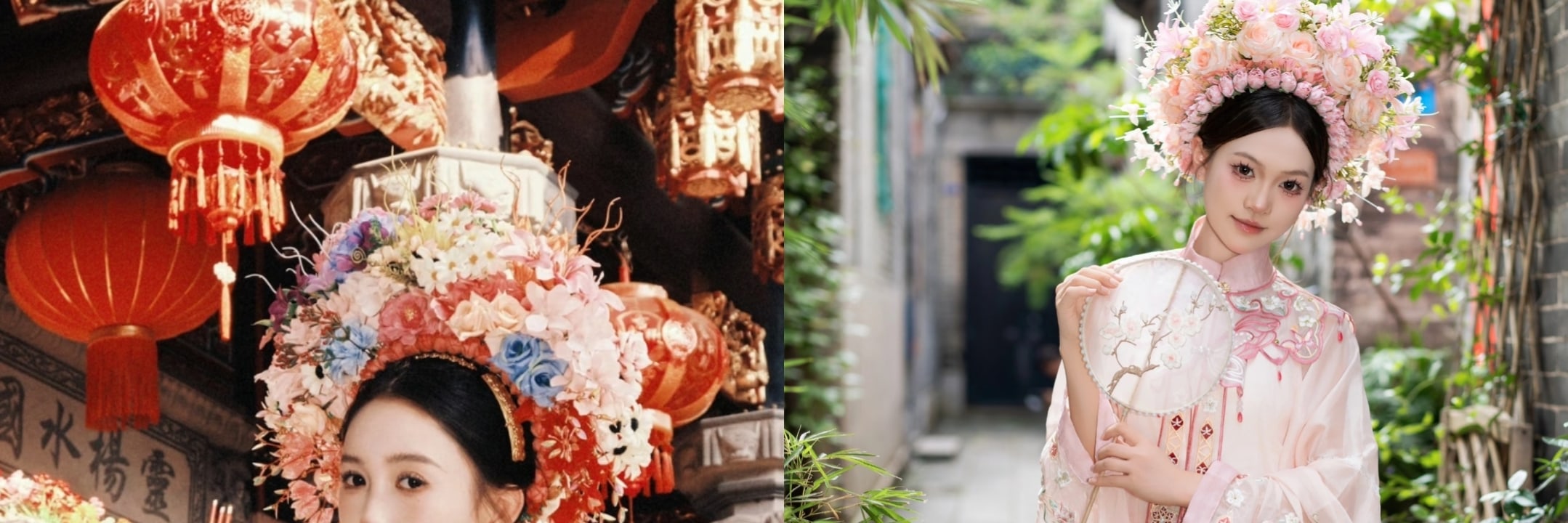 頭戴滿簪鮮花，搭配傳統服飾，盡顯閩南非遺風情