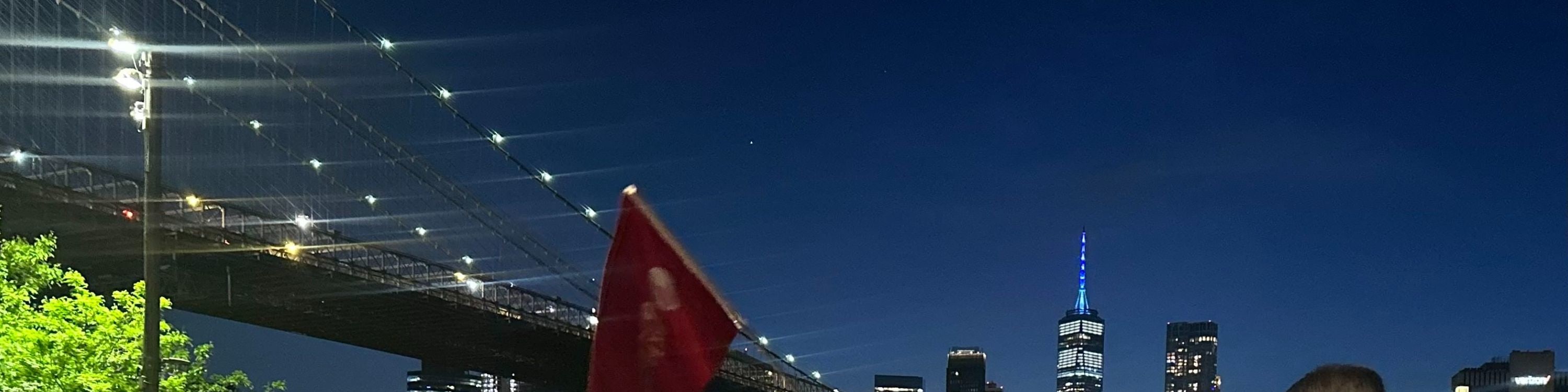 Nighttime view of Brooklyn Bridge and Lower Manhattan skyline from Brooklyn Bridge Park