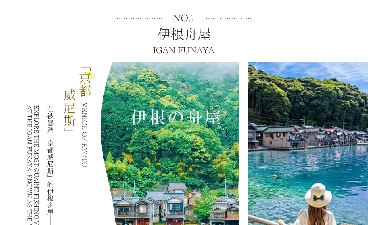 “京都威尼斯” 伊根舟屋，沿海岸線而建的特色舟屋群，是日本 18 大最美村鎮之一。可漫步舟屋棧道看漁船穿梭清灣，在網紅咖啡館 “舟屋日和” 以咖啡為媒，定格伊根灣絕景
