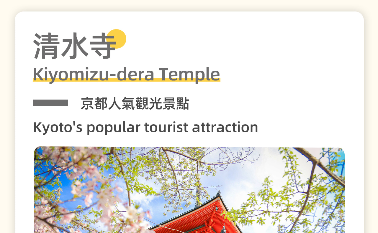 【清水寺】世界文化遺產，京都人氣觀光景點。始建於778年，是京都最古老的寺院，是日本國寶級文物。地主神社位於清水寺正殿北側的，是日本結緣、祈求戀愛運的神社。