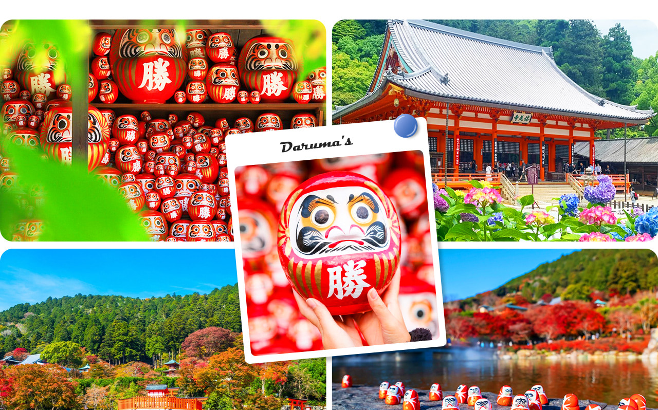 寺內點綴著眾多達摩不倒翁，象徵著堅持與祝福，吸引大量遊客祈願。