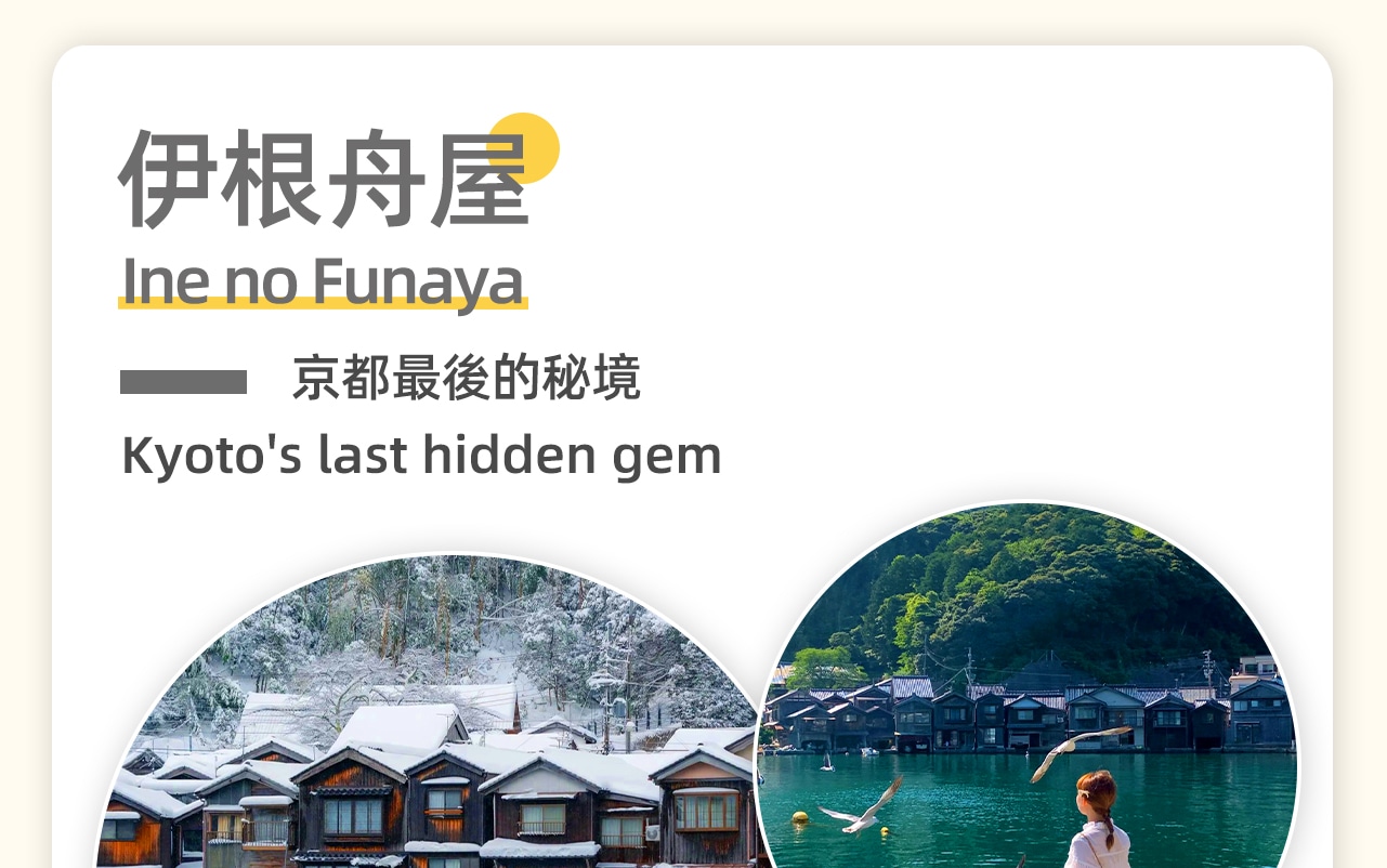 【伊根村】被日本人評為日本18大最美鄉村之一，被稱為京都最後的秘境，有著“日本威尼斯城”的美稱。在這還可體驗乘船出海喂海鷗，環村莊騎行等特色體驗。
