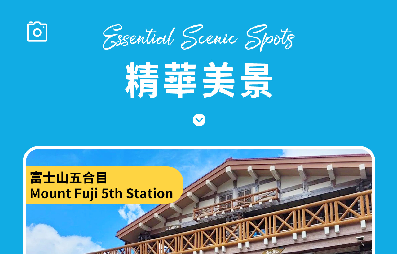 富士山五合目位於富士山半山腰，海拔約 2305 米。這裡是絕佳的觀景臺，天氣晴好時，遊客可近距離欣賞富士山頂的積雪和周圍的群山