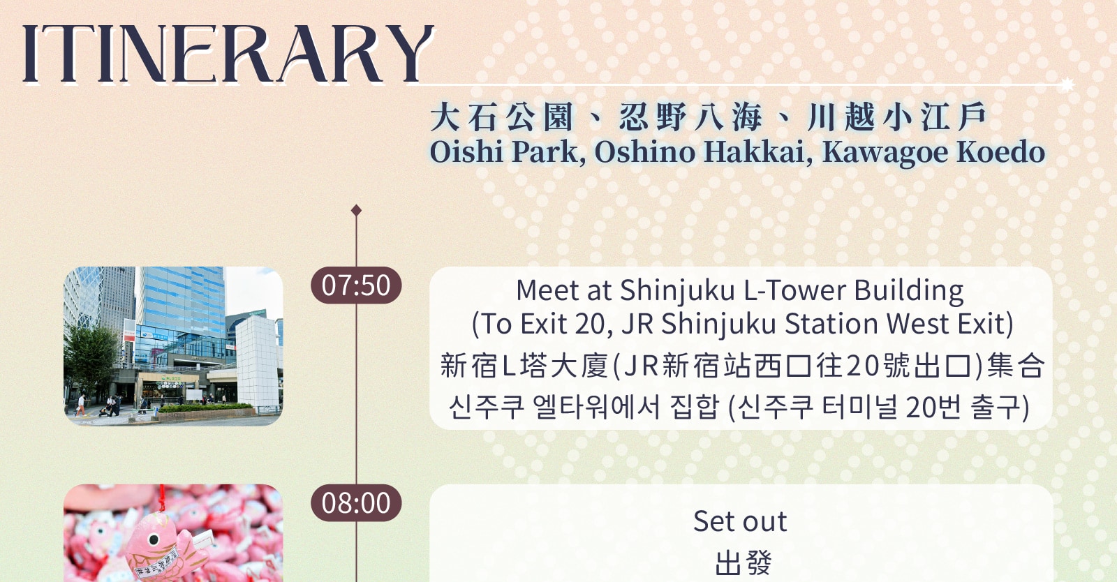 Mt. Fuji Oishi Park x Oshino Hakkai x Koedo Kawagoe Day Tour (Depart from Shinjuku)