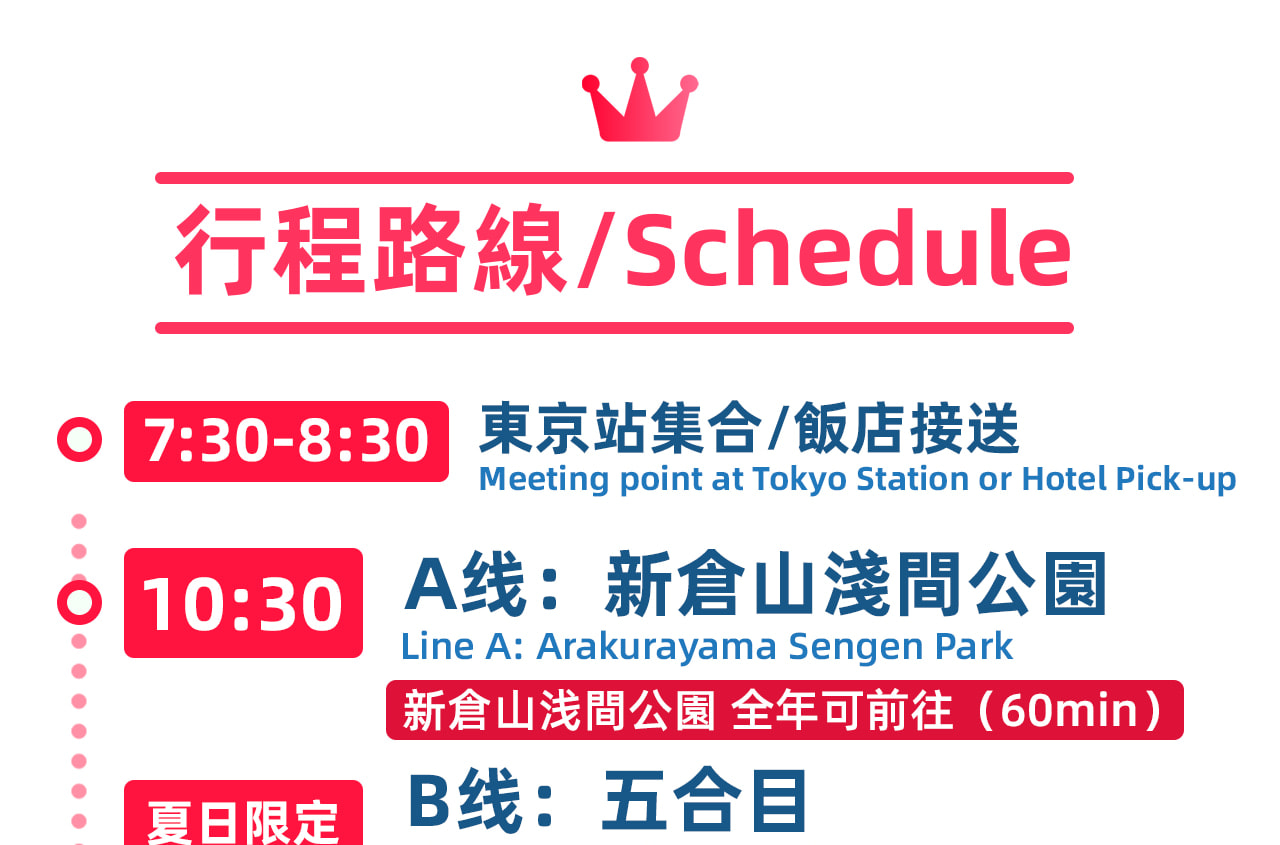 跟據季節安排遊玩景點，請聽從司導安排，開始一天的美好體驗