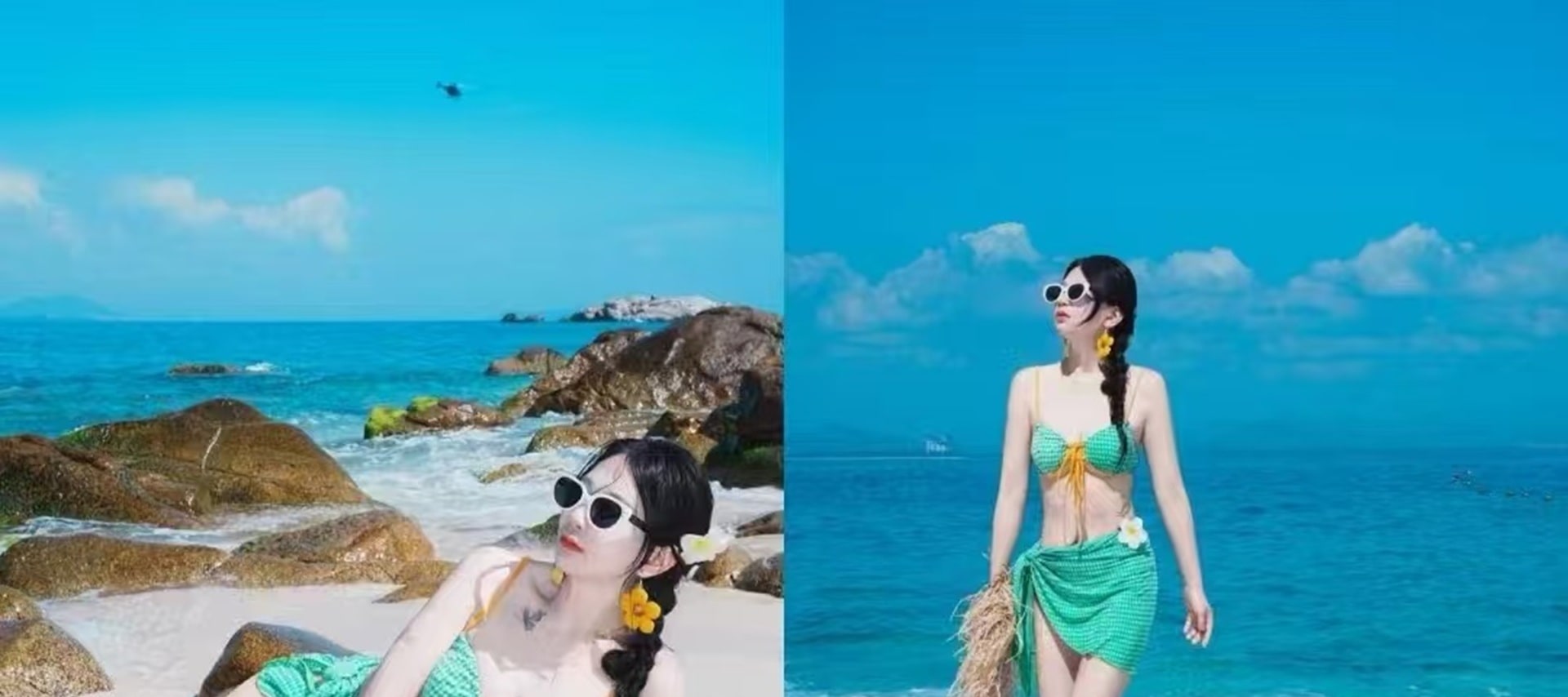 一襲淺藍吊帶裙,似與海天融為一體 一襲淺藍吊帶裙,似與海天融為一體