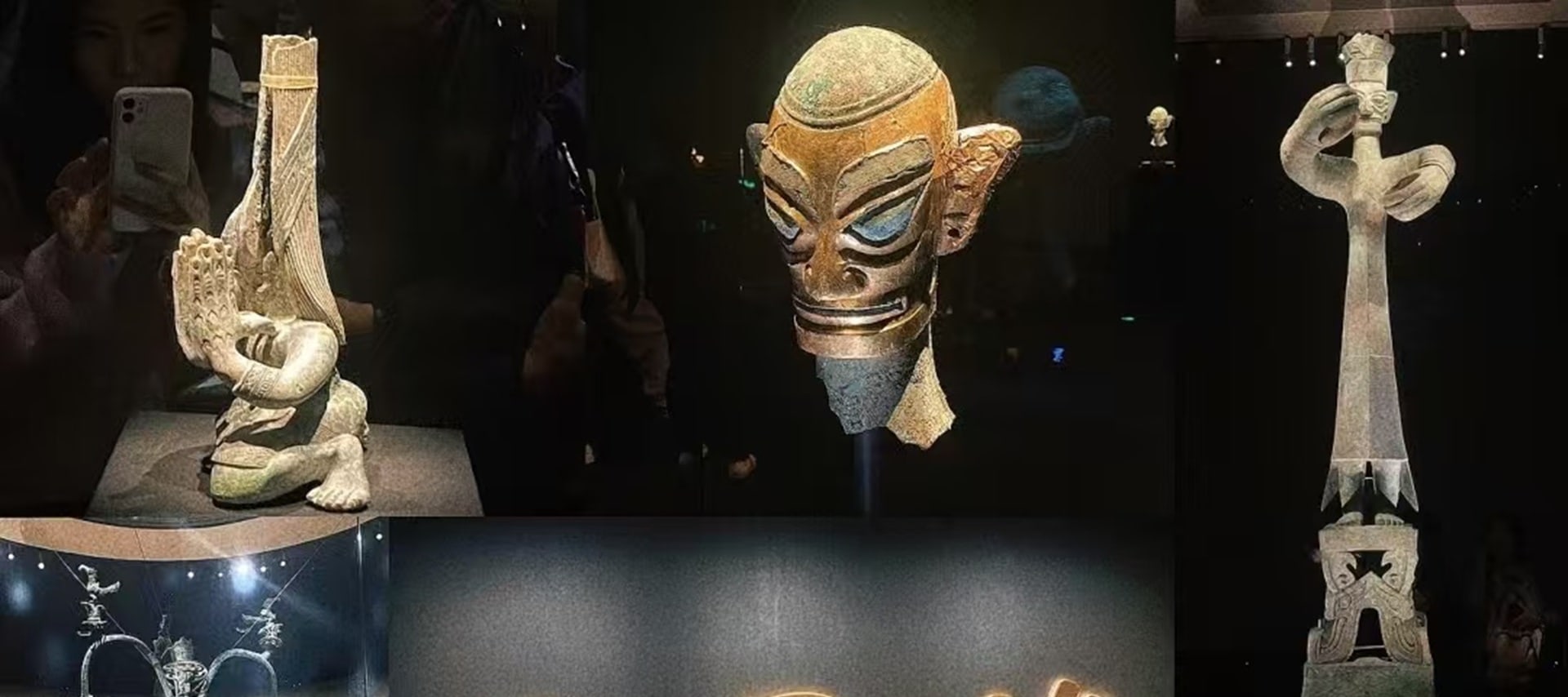 在這批古蜀秘寶中，有高2.62米的青銅大立人、有寬1.38米的青銅面具、更有高達3.95米的青銅神樹等，均堪稱獨一無二的曠世神品。而以金杖為代表的金器，以滿飾圖案的邊璋為代表的玉石器，亦多屬前所未見的稀世之珍