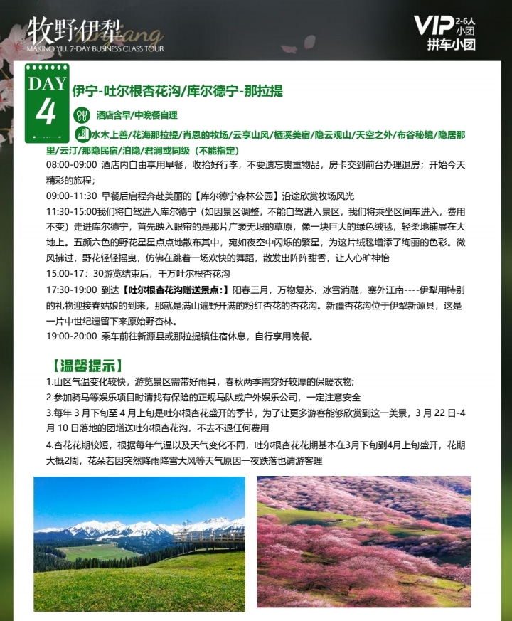 【櫻花季促銷】新疆牧野伊犁1+1頭等艙7日（吐爾根杏花溝+那拉提+木特塔爾沙漠+賽里木湖+六星街手工冰激凌+獨山子大峽谷+單反無人機）