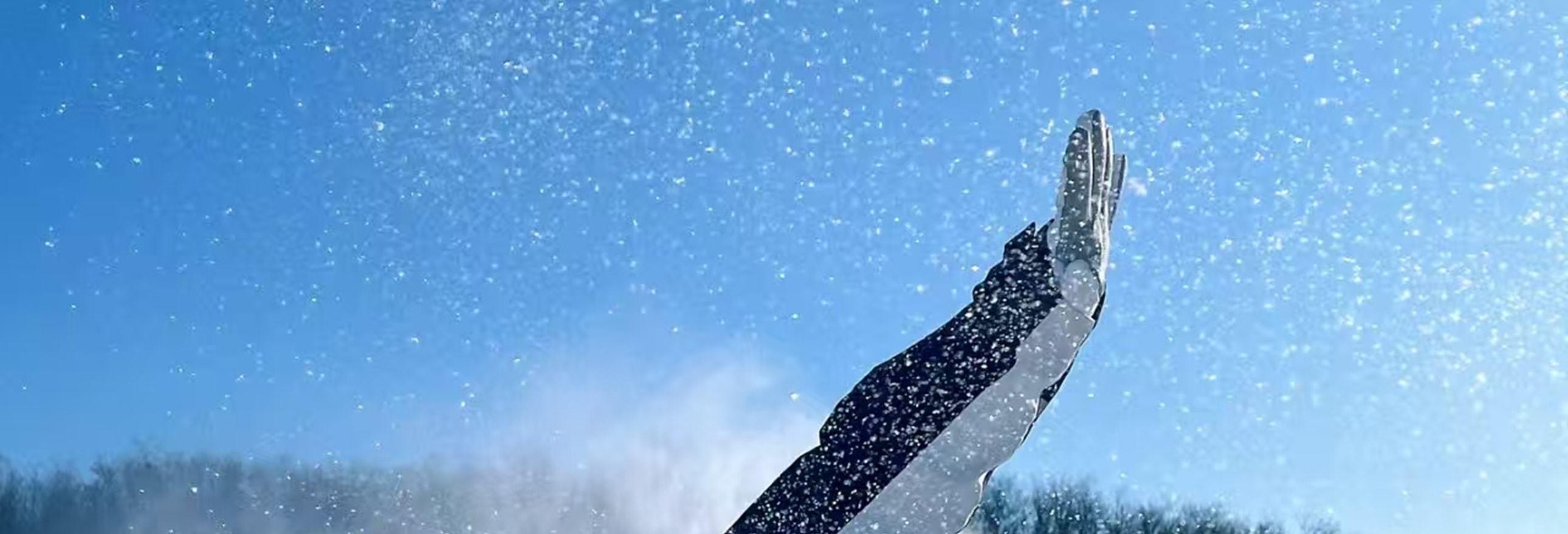 滑雪者大幅傾斜身體，雪霧隨動作揚起，造雪機噴雪襯後景，光影交織間，動感與冬日氛圍拉滿
