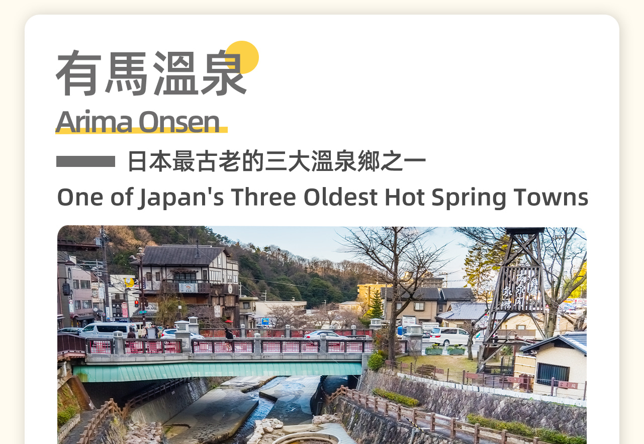 有馬溫泉作為日本三大溫泉之一，以其獨特的金湯和銀湯聞名。這裡的溫泉水富含礦物質，具有良好的保健效果。您可以在溫泉中放鬆身心，享受一天的疲憊一掃而光。