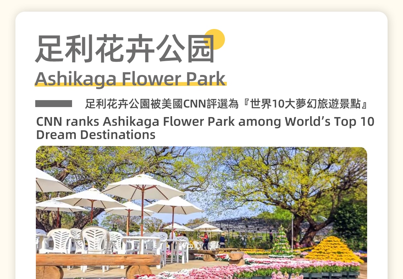 足利花卉公園，這座被美國CNN評選為「世界十大夢幻旅遊景點」的園林，限定期間更有日本三大燈光秀，如夢如幻