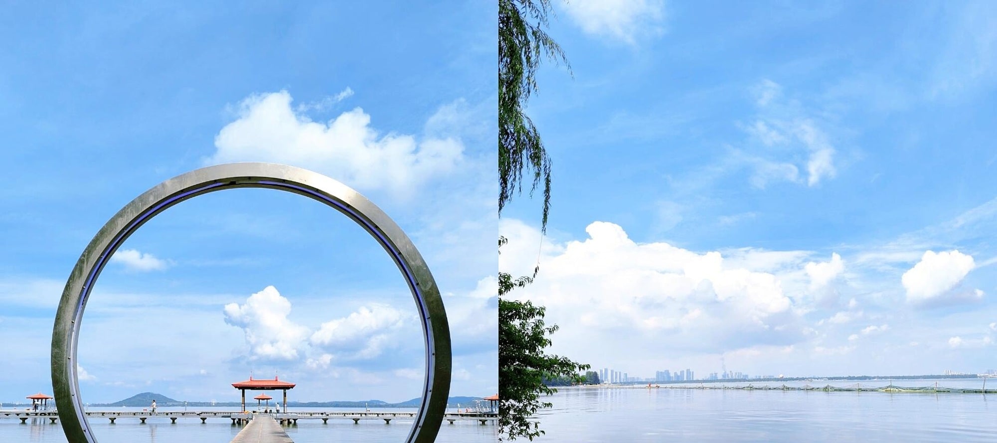 東湖聽濤風景區，湖水澄澈，柳絲低垂，景緻如畫。漫步於此，邂逅湖光山色的寧靜美好