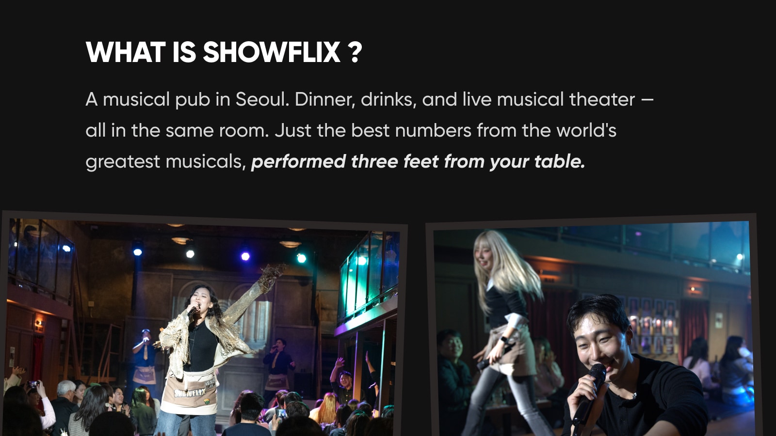 專業演員在百年倉庫中，於您的餐桌旁近距離表演著名音樂劇曲目。