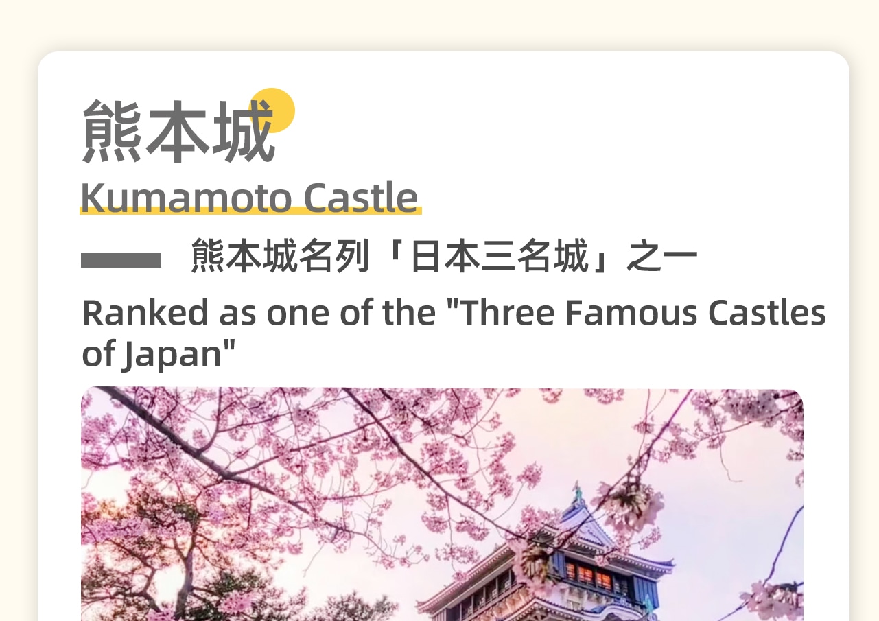 熊本城名列日本三名城之一,是知名的築城名家加藤清正耗時七年所蓋的天下名城。加藤家遭貶後,就成為細川家居住之城 熊本城名列日本三名城之一,是知名的築城名家加藤清正耗時七年所蓋的天下名城。加藤家遭貶後,就成為細川家居住之城