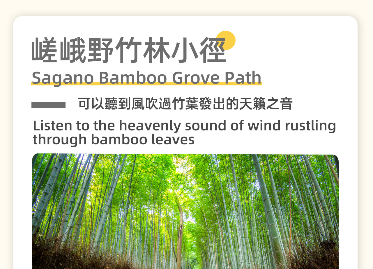 嵐山的竹林小徑更是攝影愛好者的天堂，漫步其中，彷彿置身於竹的海洋