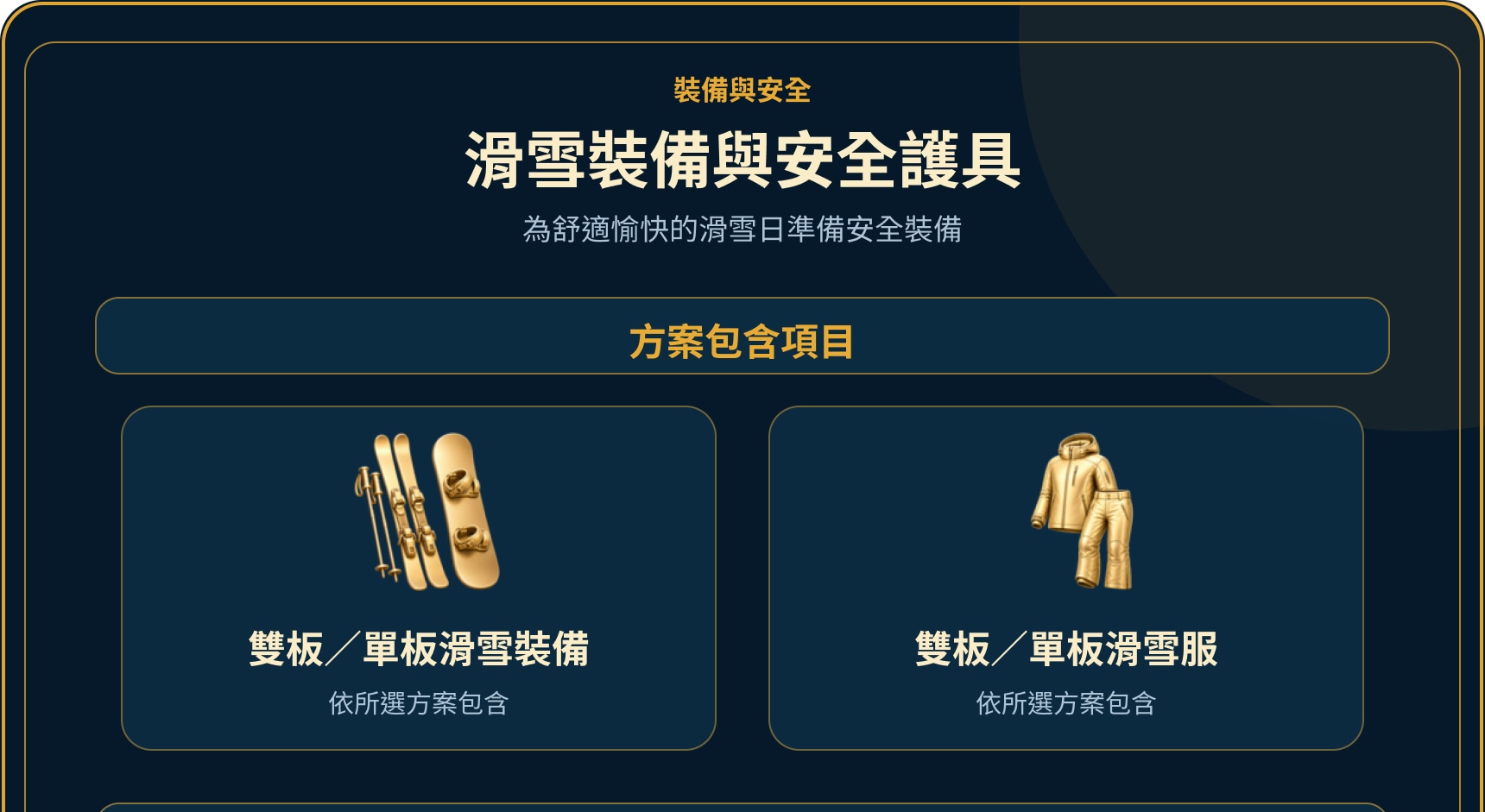 滑雪裝備與安全指南,說明方案內租借、加購護具及可購買的保暖配件。 滑雪裝備與安全指南,說明方案內租借、加購護具及可購買的保暖配件。